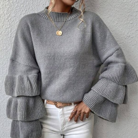 Dark Gray Layer Sleeve Ruffle Pullover Sweater - Picture 3 of 4